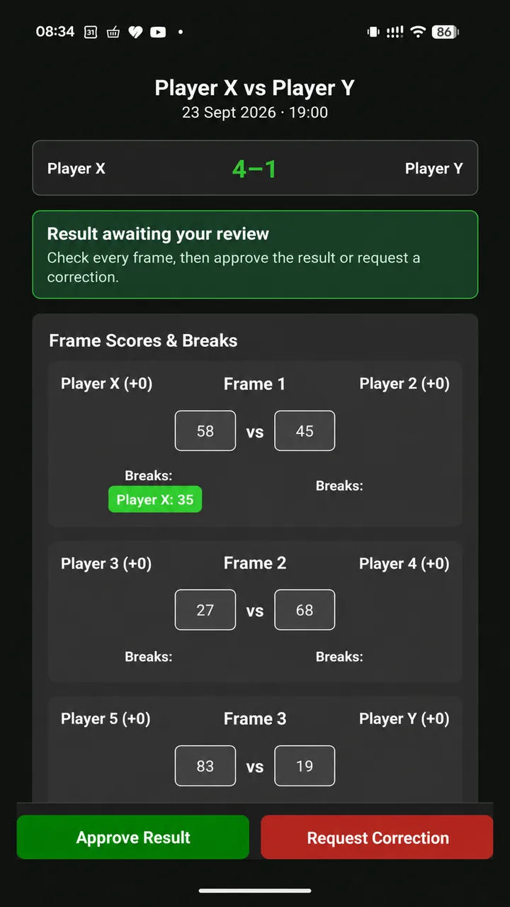 Result review screen showing Approve Result and Request Correction
