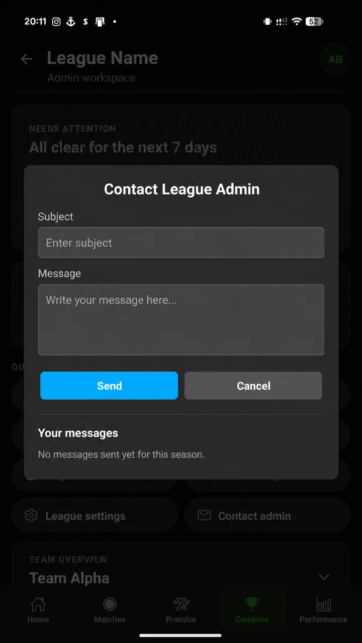 Contact League Admin form with subject and message fields