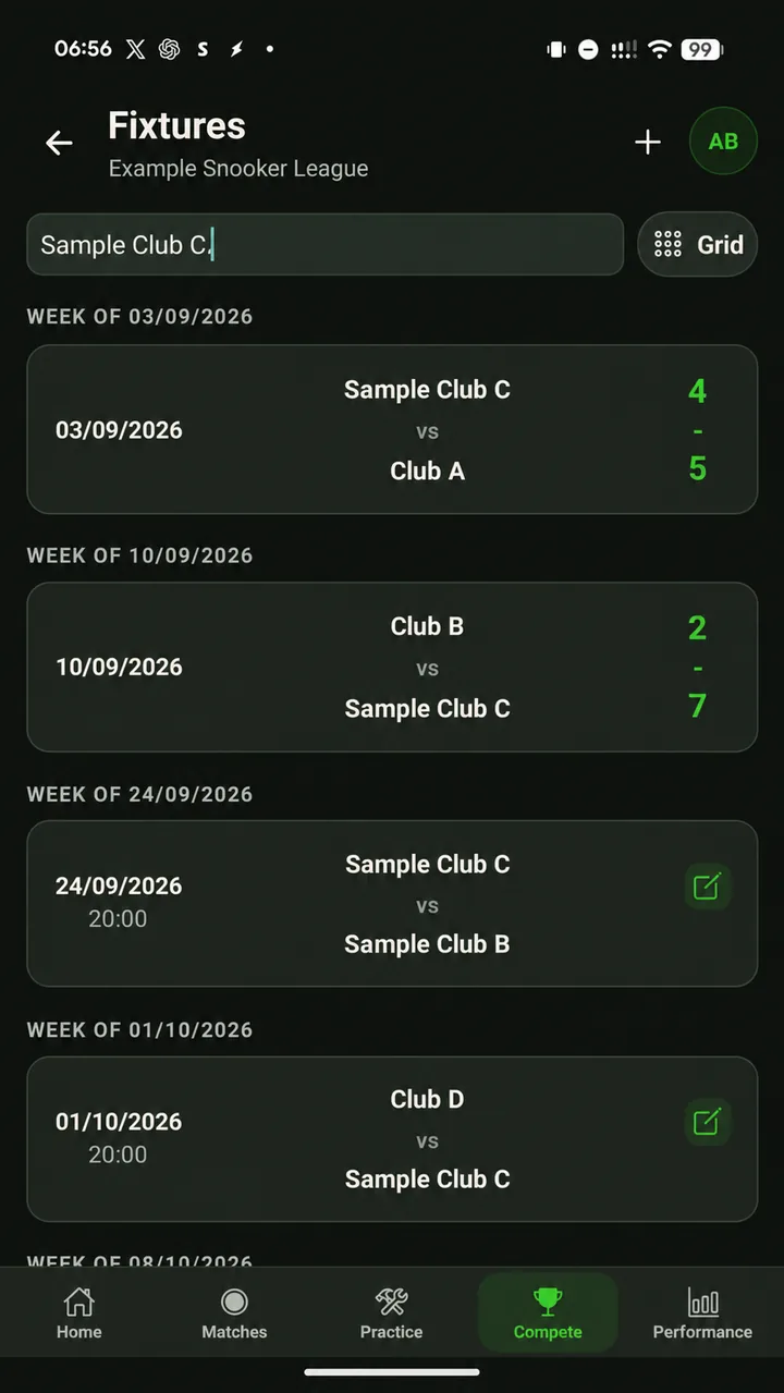 Fixtures in a week-by-week list