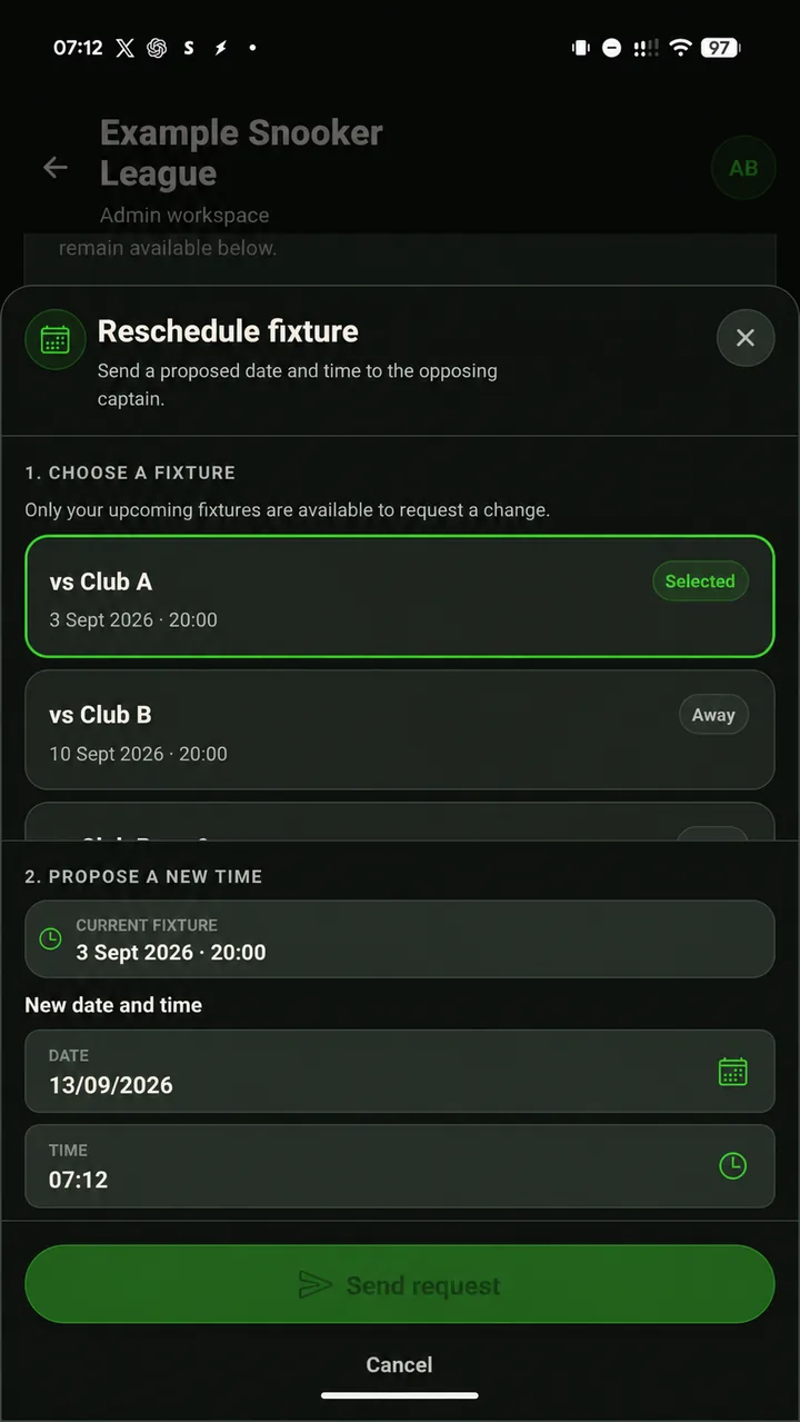 Reschedule fixture form with a proposed date and time