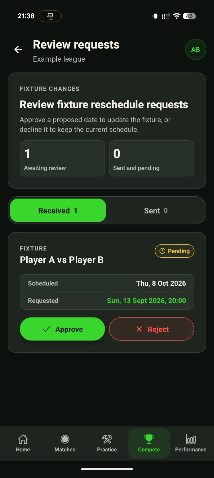 Reschedule Approvals with Received and Sent tabs