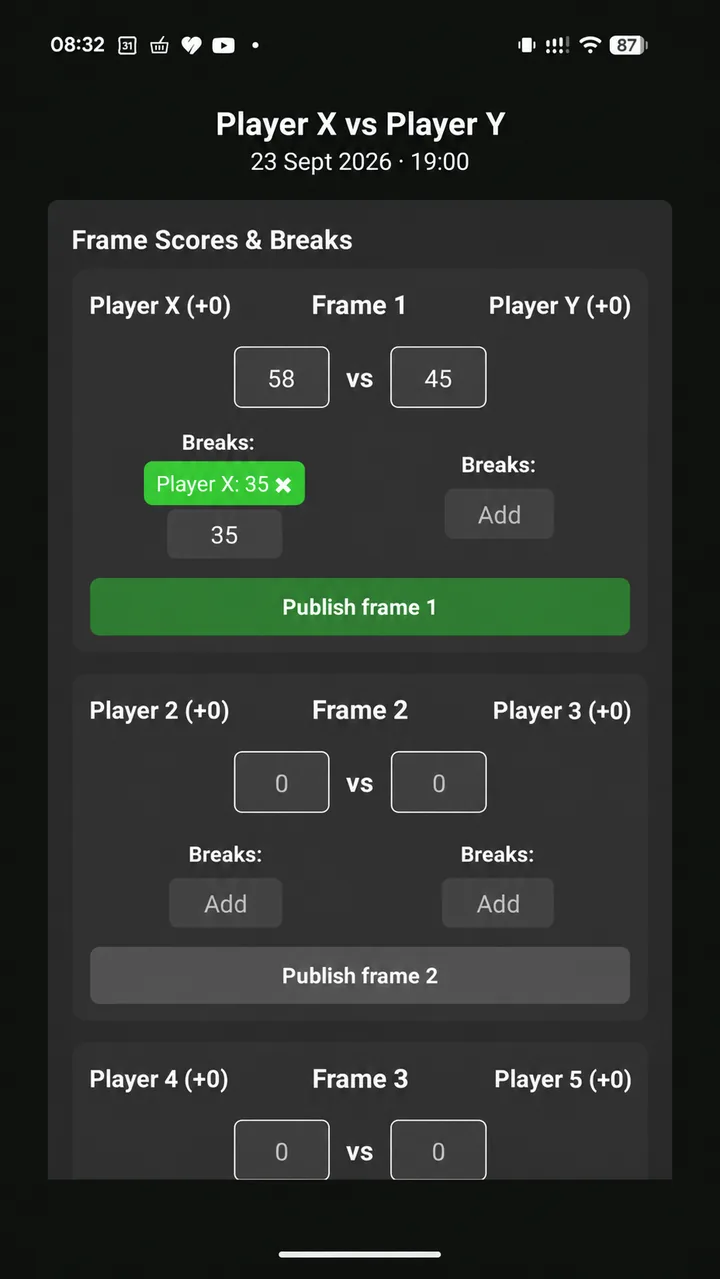 Frame score entry with a player break