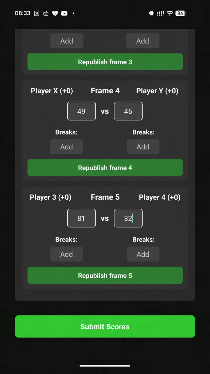 Frame scores with republish controls and Submit Scores
